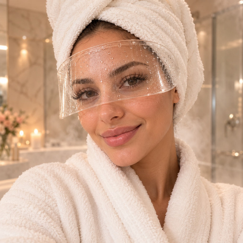 Ragazza con visiera doccia LuxeLash Care per extension ciglia